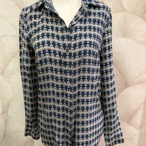 J Crew Navy and White Owl Patterned Women's silk Top